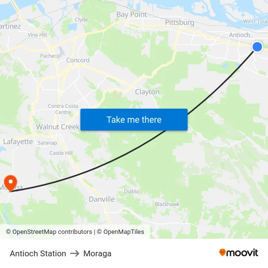 Antioch Station to Moraga map