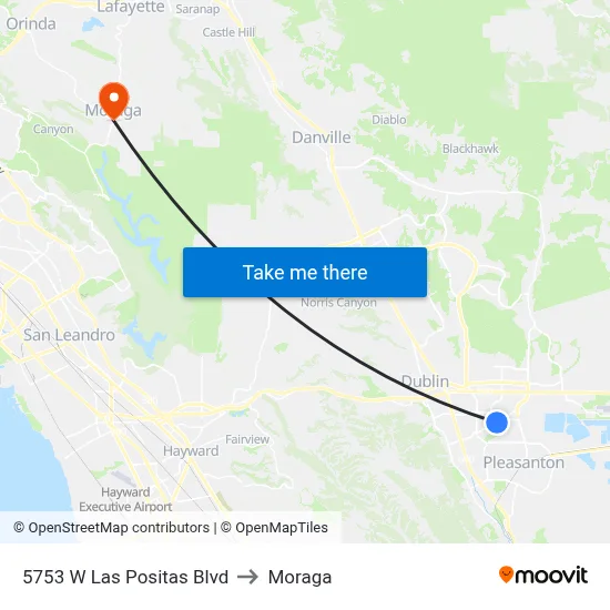 5753 W Las Positas Blvd to Moraga map