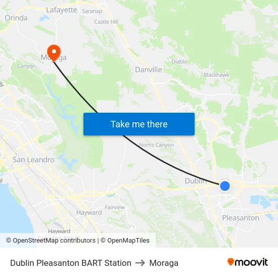Dublin Pleasanton BART Station to Moraga map