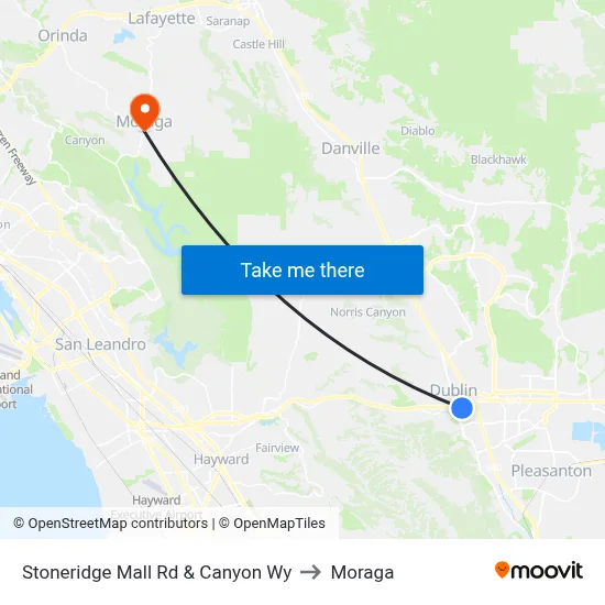 Stoneridge Mall Rd & Canyon Wy to Moraga map