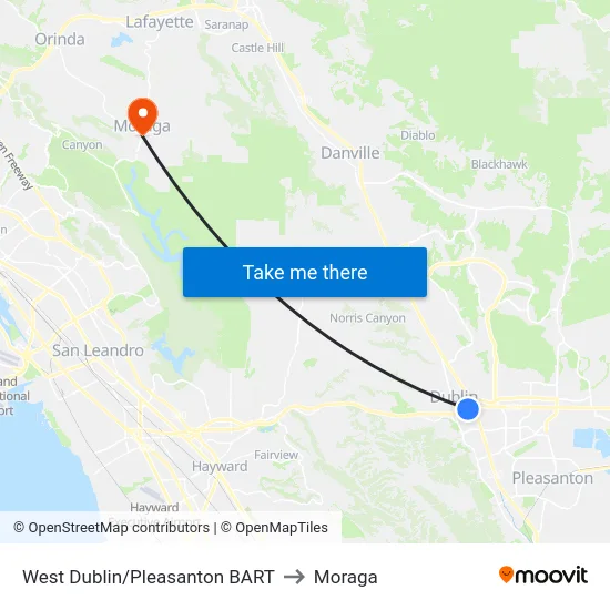 West Dublin/Pleasanton BART to Moraga map