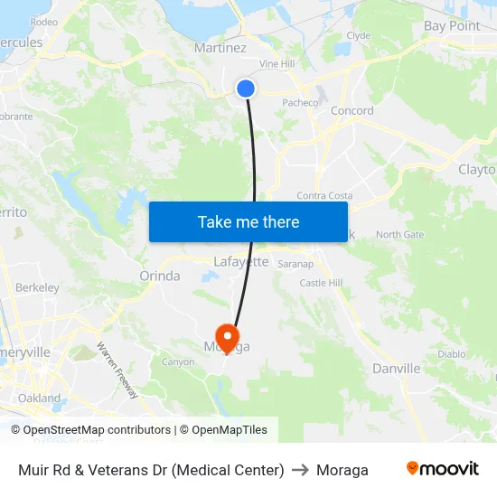 Muir Rd & Veterans Dr (Medical Center) to Moraga map