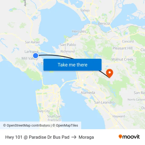 Hwy 101 @ Paradise Dr Bus Pad to Moraga map