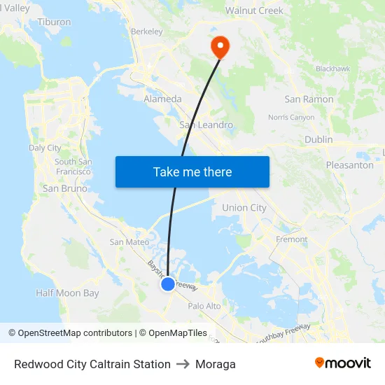 Redwood City Caltrain Station to Moraga map