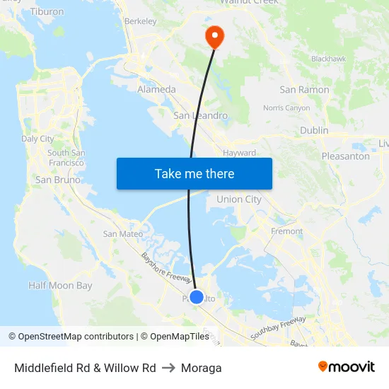Middlefield Rd & Willow Rd to Moraga map