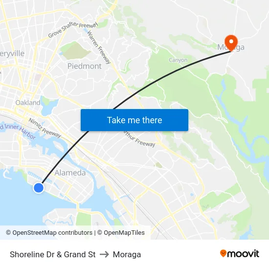 Shoreline Dr & Grand St to Moraga map