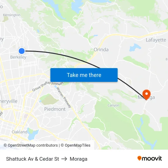 Shattuck Av & Cedar St to Moraga map