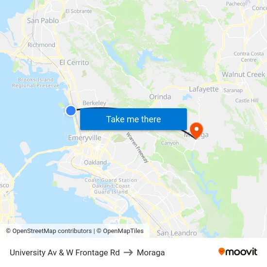 University Av & W Frontage Rd to Moraga map