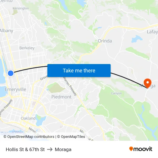 Hollis St & 67th St to Moraga map