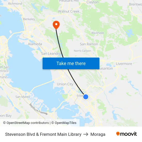 Stevenson Blvd & Fremont Main Library to Moraga map