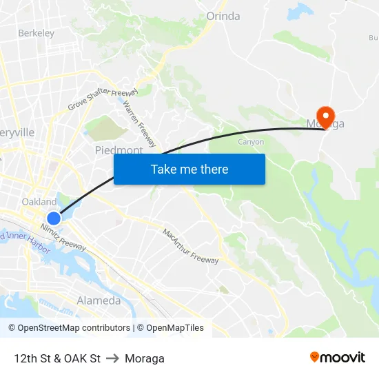12th St & OAK St to Moraga map