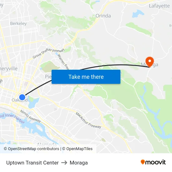 Uptown Transit Center to Moraga map