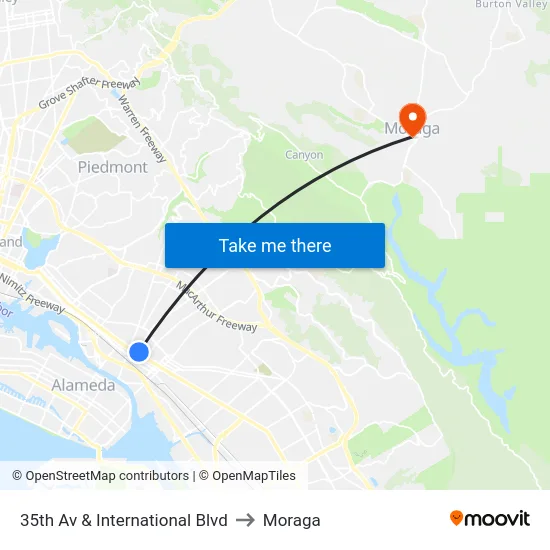 35th Av & International Blvd to Moraga map