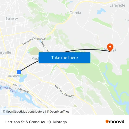Harrison St & Grand Av to Moraga map