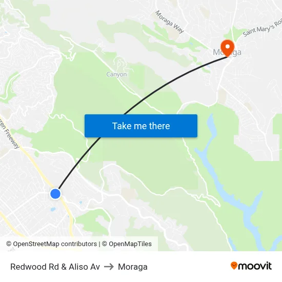 Redwood Rd & Aliso Av to Moraga map