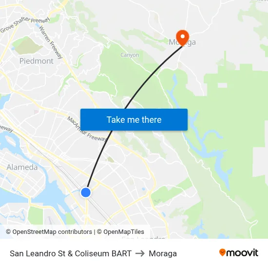 San Leandro St & Coliseum BART to Moraga map