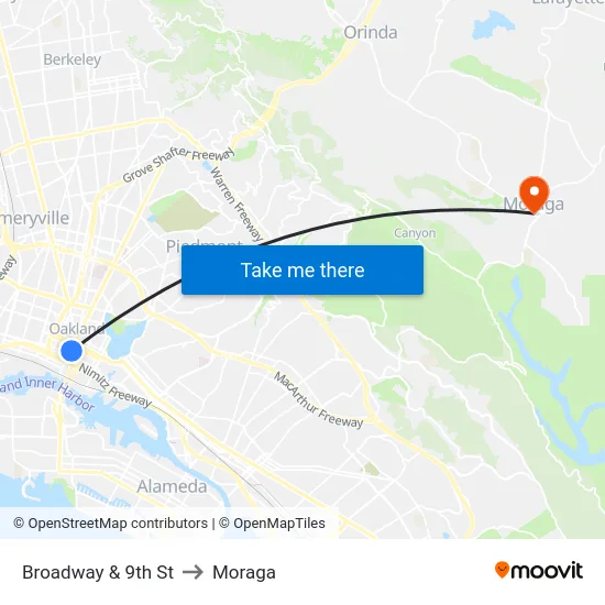 Broadway & 9th St to Moraga map