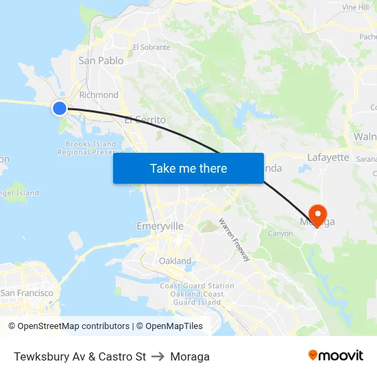 Tewksbury Av & Castro St to Moraga map