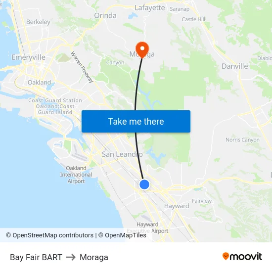 Bay Fair BART to Moraga map