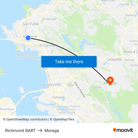 Richmond BART to Moraga map