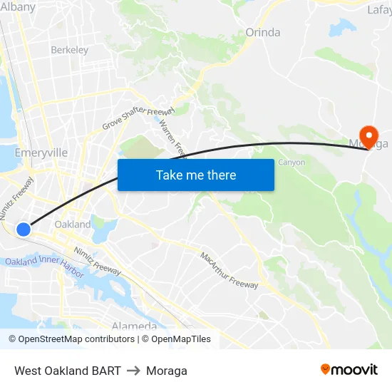 West Oakland BART to Moraga map