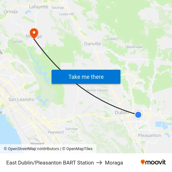 East Dublin/Pleasanton BART Station to Moraga map