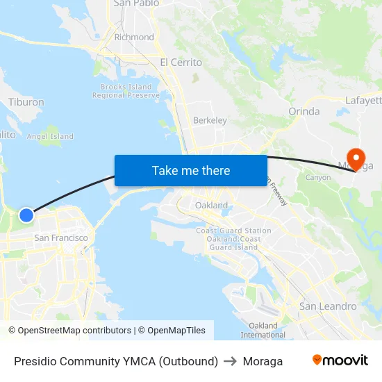 Presidio Community YMCA (Outbound) to Moraga map