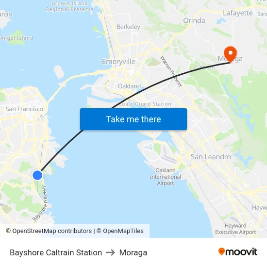 Bayshore Caltrain Station to Moraga map