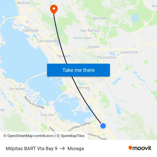 Milpitas BART Vta Bay 9 to Moraga map