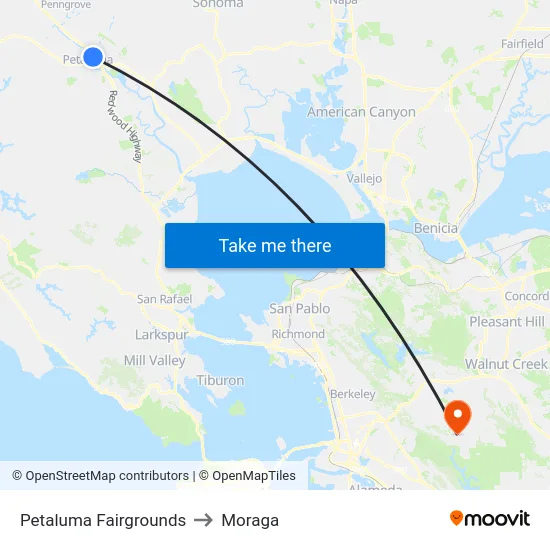 Petaluma Fairgrounds to Moraga map