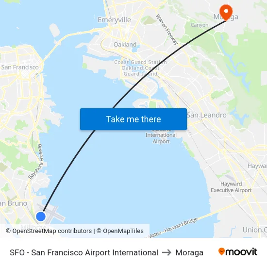 SFO - San Francisco Airport International to Moraga map