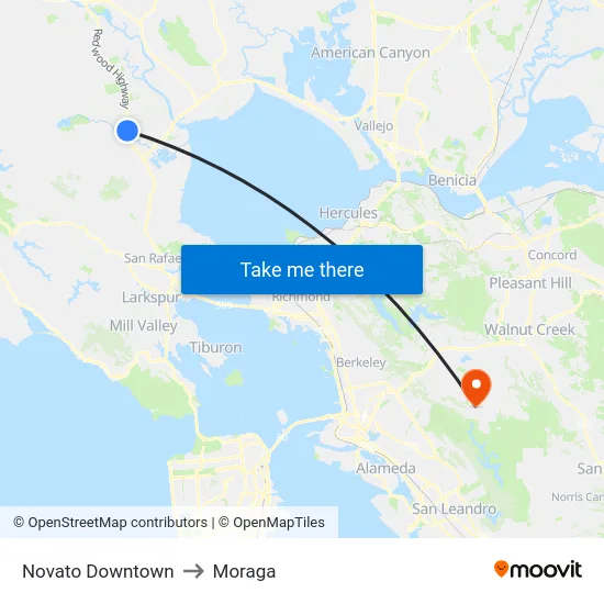 Novato Downtown to Moraga map