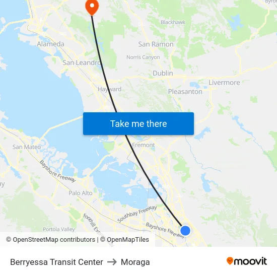 Berryessa Transit Center to Moraga map