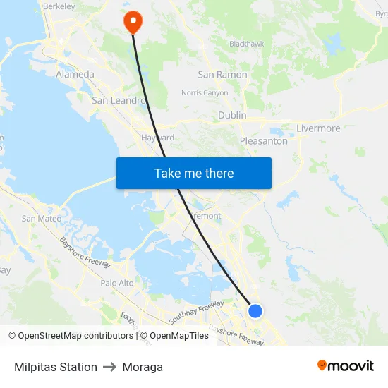 Milpitas Station to Moraga map