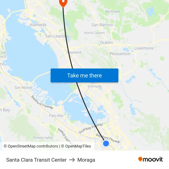 Santa Clara Transit Center to Moraga map