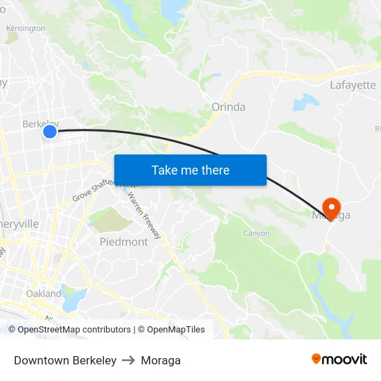 Downtown Berkeley to Moraga map