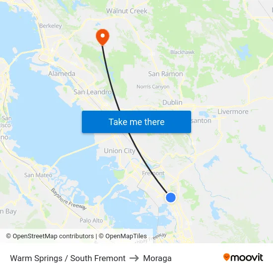 Warm Springs / South Fremont to Moraga map