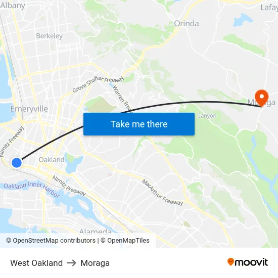 West Oakland to Moraga map