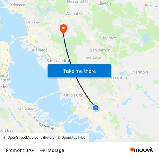 Fremont BART to Moraga map