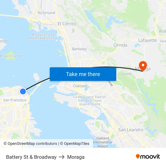 Battery St & Broadway to Moraga map