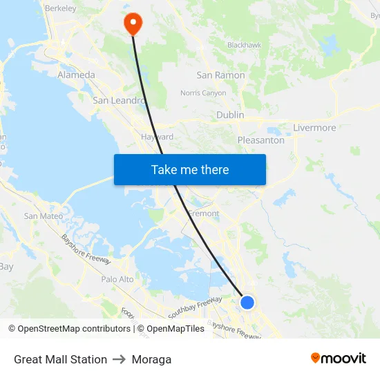 Great Mall Station to Moraga map