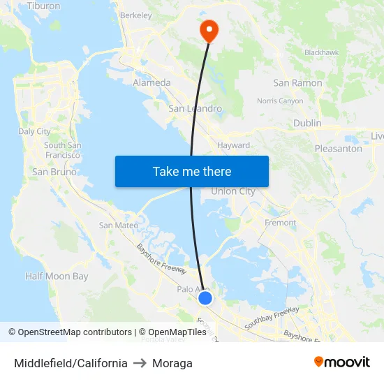 Middlefield/California to Moraga map