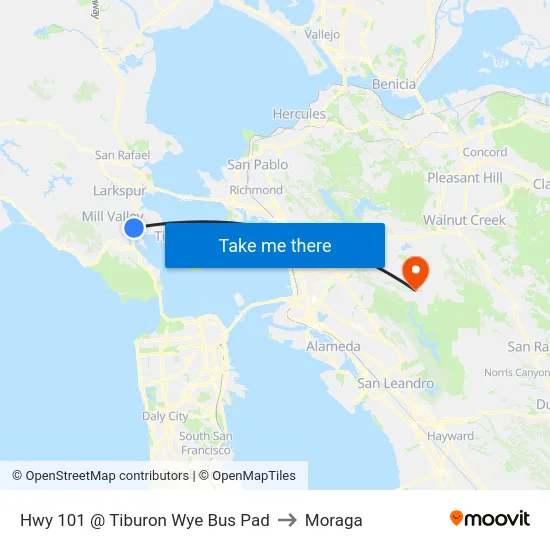 Hwy 101 @ Tiburon Wye Bus Pad to Moraga map