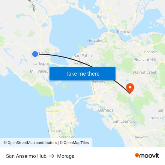 San Anselmo Hub to Moraga map