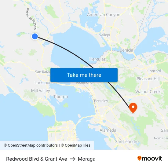 Redwood Blvd & Grant Ave to Moraga map