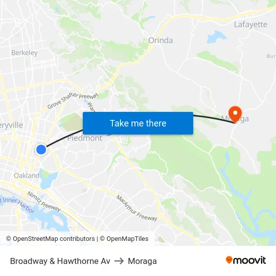 Broadway & Hawthorne Av to Moraga map