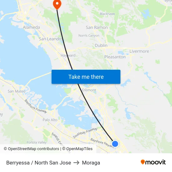 Berryessa / North San Jose to Moraga map