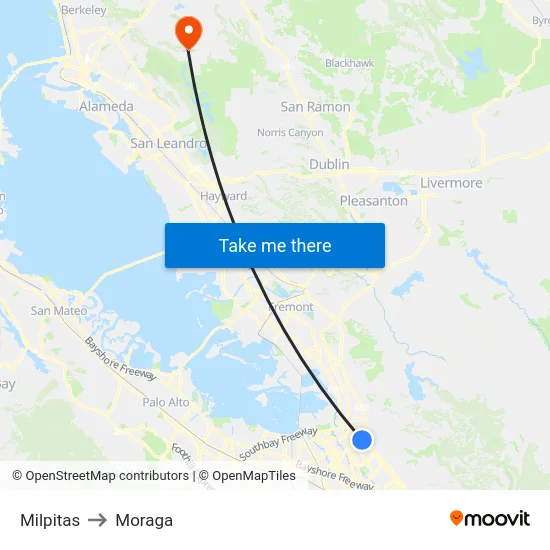 Milpitas to Moraga map