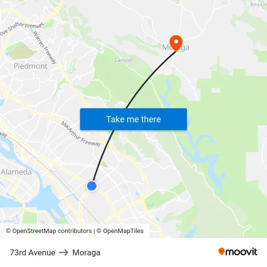 73rd Avenue to Moraga map