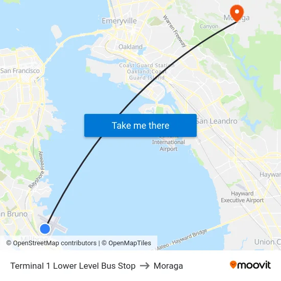 Terminal 1 Lower Level Bus Stop to Moraga map